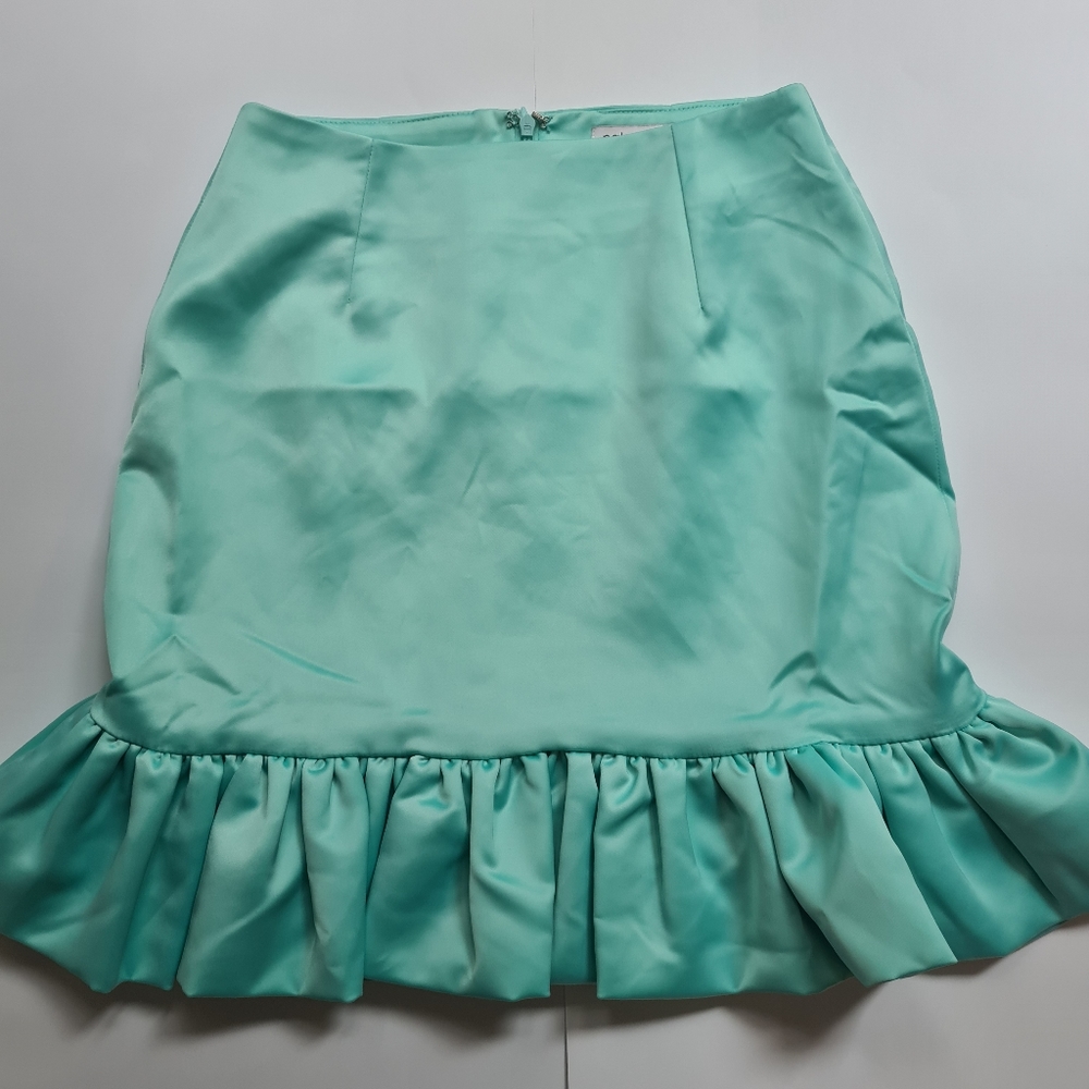 Naked wardrobe Statement Pastel Turquoise Satin Ruffled Mini Skirt Size XS